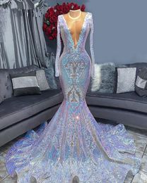 Sparkly Sequin Lace Mermaid Long Evening Dresses 2021 Sexy Deep V Neck African Women Black Girl Evening Prom Gowns