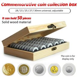 50pcs Commemorative Coin Storage Box Adjustable Antioxidative Wooden Case Coin Collection For 18/21/25/27/30mm Universal 210626