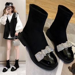 Boots Patent Leather Patckwork Crystal Ankle Women Elastic Cloth Square Heel Woman Black Slip On Platform Booties