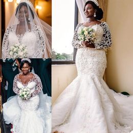 Luxury Lace Beads Wedding Dresses 2021 Long Sleeves Lace Beading Bridal Gowns robe de mariée Plus Size Mermaid Wedding Dress