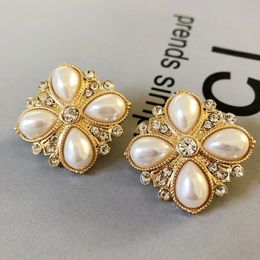925 silver needle vintage baroque white pearl ear clip stud earrings fashion and elegant temperament alloy rhinestone allmatch earrings