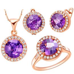 Earrings & Necklace High Quality Women Charm Purple Round Zircon Jewelry Sets Rose Gold Necklace/Ring/Earrings For Wedding Party Design T168