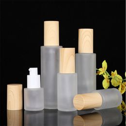 wooden lid UK - Frosted Glass Cream Jar Cosmetic Lotion Spray Bottle with Imitated Plastic Wooden Lids Refillable Container 20ml 30ml 40ml 50ml 60ml 80ml 100ml Packing Bottles