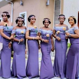 Off The Shoulder Purple Satin African Bridesmaid Dresses Sleeveless Sexy Mermaid Wedding Guest Prom Gowns Maid Of Honor Dress