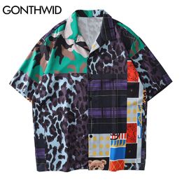 GONTHWID Blouse Summer Hawaiian Beach Colour Block Plaid Leopard Bear Print Short Sleeve Hip Hop Casual Streetwear Shirts Tops C0315