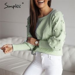 Elegant fur pompon sweater Autumn winter lantern sleeve knitted sweater female Streetwear ladies green pullover 210806