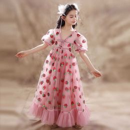 Gauze Sequin Children's Lace Dress Girls Pink Strawberry Princess Dress Piano Performance Dress Baby Dresses For Children Q0714