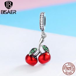 BISAER 925 Sterling Silver Cherry Fruit Red Enamel Charms Beads Fit Original Charm Bracelet Silver 925 Jewellery Making ECC784 Q0531
