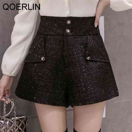 Autumn Winter Loose Korean Style Sequined Woolen Shorts Women Wide Leg Boots Pants Plus Size Pocket Zipper Black 210601