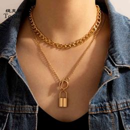 Tocona Punk Gold Lock Pendant Necklace for Women Cuban Multilayered Chunky Thick Chain Choker Necklaces Gothtic Jewellery 16808 G1206