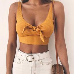 Ribbed Bow Tie Camisole Tank Tops Women Summer Basic Crop Top Streetwear Fashion Cool Girls Cropped Tees Camis 210527