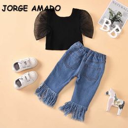 Wholesale Summer Girl 2-pcs Sets Black Puff Short Sleeve Shirts + Hole Tassel Pearl Jeans Kids Outfits E1789 210610