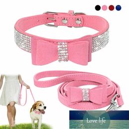 Dog Collar Rhinestone Soft Suede Bow For Doggie Puppy Cat Small Pet1