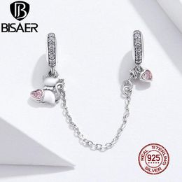 BISAER Cat Charms 925 Sterling Silver Cat Kitten Pussy Safety Chain Beads fit for Charm Bracelets Silver 925 Jewellery ECC1233 Q0531