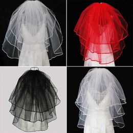 Three-Layer Bridal Wedding Veils With Comb White Ivory Red Black Veil Ribbon Edge Wedding Veil For The Bride Acessorios Noiva X0726