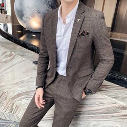 Men's Suits 3 Pieces Brown Single Button Suits Plaid Tweed Slim Fit Formal Business Suits for wedding Tuxedos Suit Blazer Pants X0909