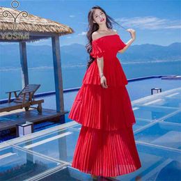 YOSIMI Red Chiffon Long Woman Dress Elegant Summer Maxi White Tunic Bohemian Beach Pleated Off The Shoulder Cupcake 210604