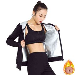 Women Running Female Sauna Suit Set Girl Burn Belly Fat Compression Sweat T Shirt Suit Slimming Body Shaper Pants 211112