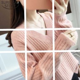 Casual Elegant Women Tops Knitted Sweater Long Sleeve Clothing Fashion V-neck Soft Blouse 5458 50 210527