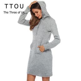 TTOU Autumn Winter Sweatshirt Long Sleeve Dress Female Casual Hooded Collar Pocket Design Simple Style Drawstring Dress 201028