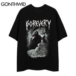 Tshirts Hip Hop Streetwear Casual Men Punk Rock Gothic Devil Rose Print Short Sleeve T-Shirts Loose Harajuku Tees Tops 210602