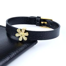 Tennis Design Flower Cubic Zircon Bangle Leather Strap Style Bracelet For Women Luxury Jewelry Gift