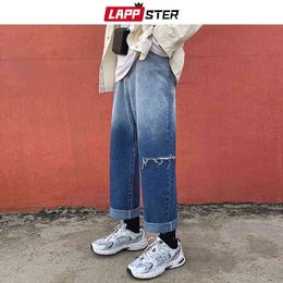 LAPPSTER Men Japanese Streetwear Baggy Denim Pants 2022 Mens Ripped Korean Fashions Gradient Wide Leg Jeans Male Ins Harem 0309