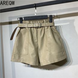 Belt Included Korean Style High Waist Pu Leather Shorts Women's Autumn Winter Booty Shorts 210317