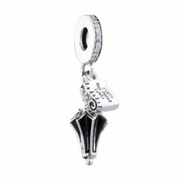 100% 925 Sterling Silver Mary Poppins Umbrella Dangle Clear CZ & Black Enamel Charm Bead Fits European Jewellery Charm Bracelets