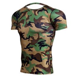 Army Green Camo T Shirts Men Fitness Compression Shirts Short Sleeve T-Shirt Bodybuilding Camiseta Rashguard Gyms Tees Tights G1222