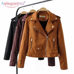 Aelegantmis Autumn Winter Classic Black Suede Leather Jacket Women Fashion Short Soft Faux Basic Zipper Coat 210607