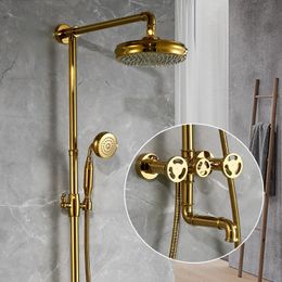 Shower Faucets Matte Gold Bathtub Faucet Round Tube Single Handle Top Rain Shower With Slide Bar Wall Water Mixer Tap