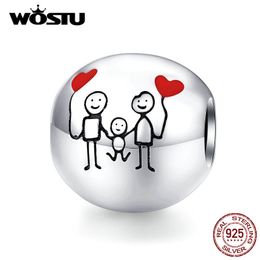 WOSTU Happy Family Beads 925 Sterling Silver My Family Round Charms Fit Original Bracelet Pendant Heart Lucky Jewelry CQC1339 Q0531