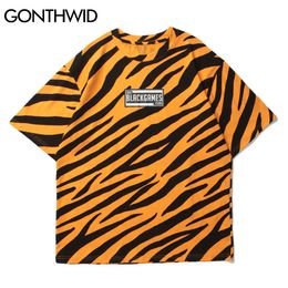 GONTHWID T-Shirts Hip Hop Zebra Pattern Stripes Print Short Sleeve Tshirts Fashion Harajuku Casual Cotton T-Shirt Men Loose Tops C0315