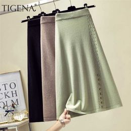 TIGENA Autumn Winter Women Midi Long Skirt Casual Solid Warm A Line High Waist Knitted Skirt Female with Button Ladies 211120