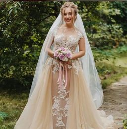 Vintage Boho Champagne Mermaid Wedding Gowns With Detachable Train 2021 Rustic 2 in 1 Plus Size Garden Country Bridal Dresses2237