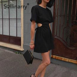 Sollinarry Hollow out high street summer dress women Casual drawstring sexy black dress Short sleeve fashion mini dersses 210709