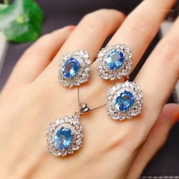 Ocean Blue Topaz Gemstone Jewellery Set Including Ring Earrings Silver Necklace Real 925 Birthday Banquet Gift Natural Gem Bracelet, &
