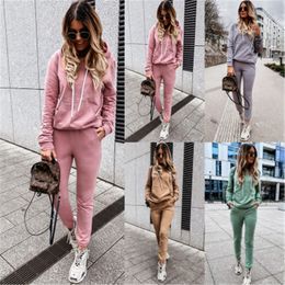 Womens Solid Colours Tracksuits Fashion Trend Drawstring Long Sleeve Hooded Sweatshirt Trousers Home Suits Summer Female Loose Casual Sets