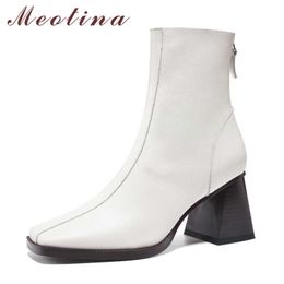 Meotina Women Ankle Boots Shoes Genuine Leather Thick Heels Short Boots Square Toe High Heel Zip Boots Lady Autumn Winter Beige 210608