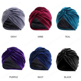 Muslim Women Sleep Chemo Hat Stretch Velvet Twist Turban Silky Satin Linning Cap Head Scarf Hijab Turbans Hair Loss Headwear