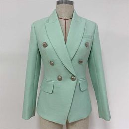 HIGH QUALITY Fashion Designer Blazer Women's Classic Lion Buttons Double Breasted Jacket Mint Green 211006