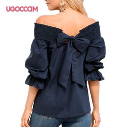 UGOCCAM Women Off Shoulder T-shirt Lantern Sleeve Ruffles Sexy Summer White T-shirt Casual Plus Size Top Women blusas de mujer 210310