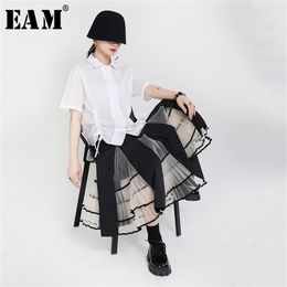 [EAM] High Elastic Waist Black Mesh Split Joint Temperament Half-body Skirt Women Fashion Tide New Spring Autumn 1X715 210310