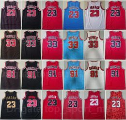 Men Basketball Michael Retro Jersey 23 Scottie Pippen 33 Dennis Rodman 91 Vintage Stripe Black Red White Blue Color