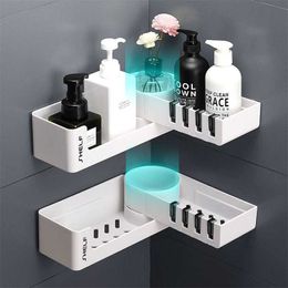 Bathroom Corner Shower Shelf Rack With 4 Hook Wall Mounted For Shampoo Organise Rotatable Self Adhesive Kitchen Storage 211102