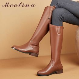 Meotina Winter Riding Boots Women Natural Genuine Leather Flat Knee High Boots Zipper Round Toe Shoes Lady Autumn Big Size 34-43 210608