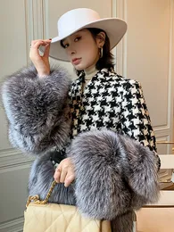 OFTBUY New Luxury Winter Jacket Women Belt Coat Natural Real Silver Fox Fur Plaid Thick Warm Fashion Outerwear Streetwear