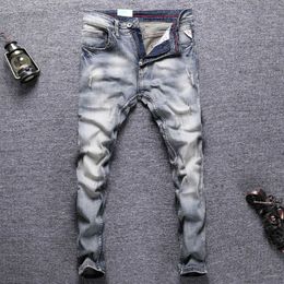 Italian Style Fashion Men Jeans Retro Elastic Slim Fit Ripped Distred Vintage Designer Stretch Casual Denim Pants HYUG