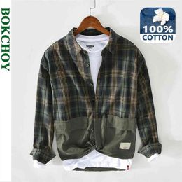 Spring Summer Men Patch Work Plaid Shirt Pure Cotton Long Sleeve Button Up Vintage Green Fashion Trend GML04-Z136 210809